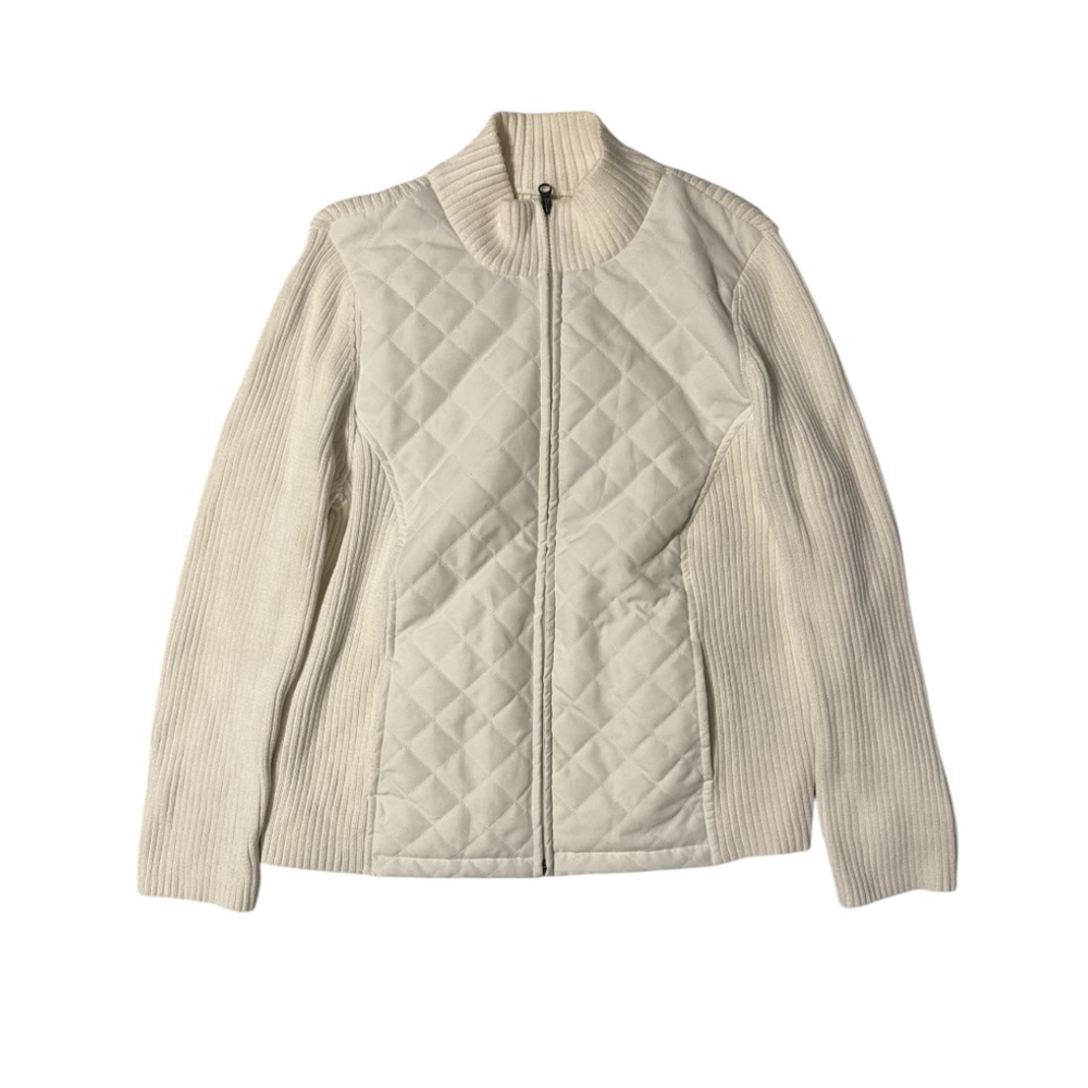 Croft&Barrow Knit Sweater Quilted Paneling ZipUp Jacket White Cotton Size PM